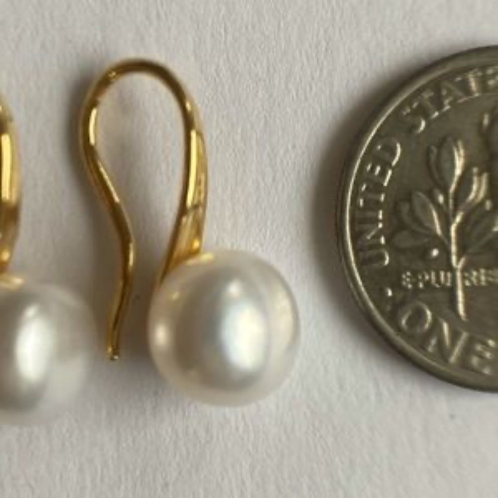 14K Gold Plated 7.5mm AAA Button Round Pearl High Heeled Dangle Earrings - Picture 6 of 7
